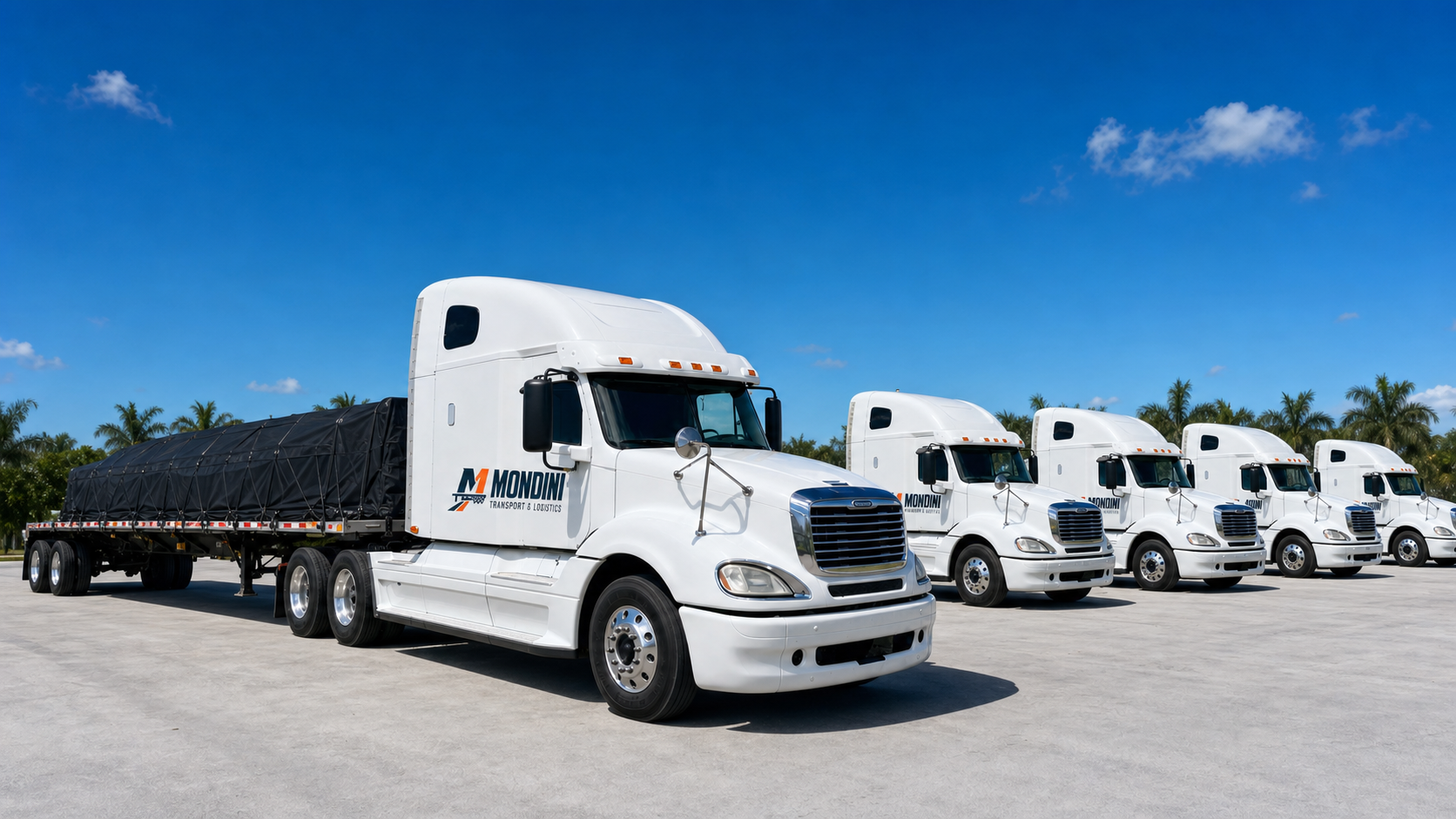 Fleet of white Mondini flatbed work trucks in South Florida